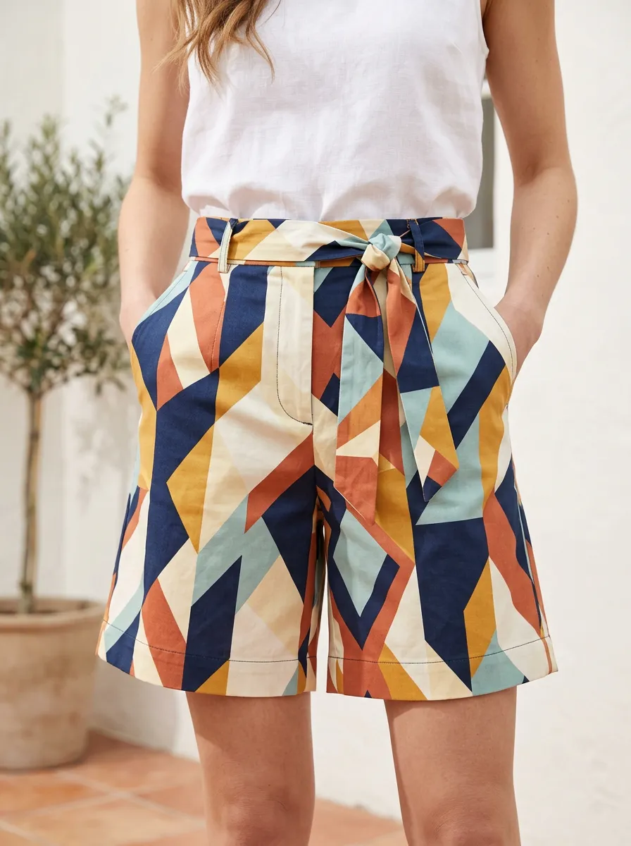 Women's Geometric Pattern Tie-Waist Printed Shorts
