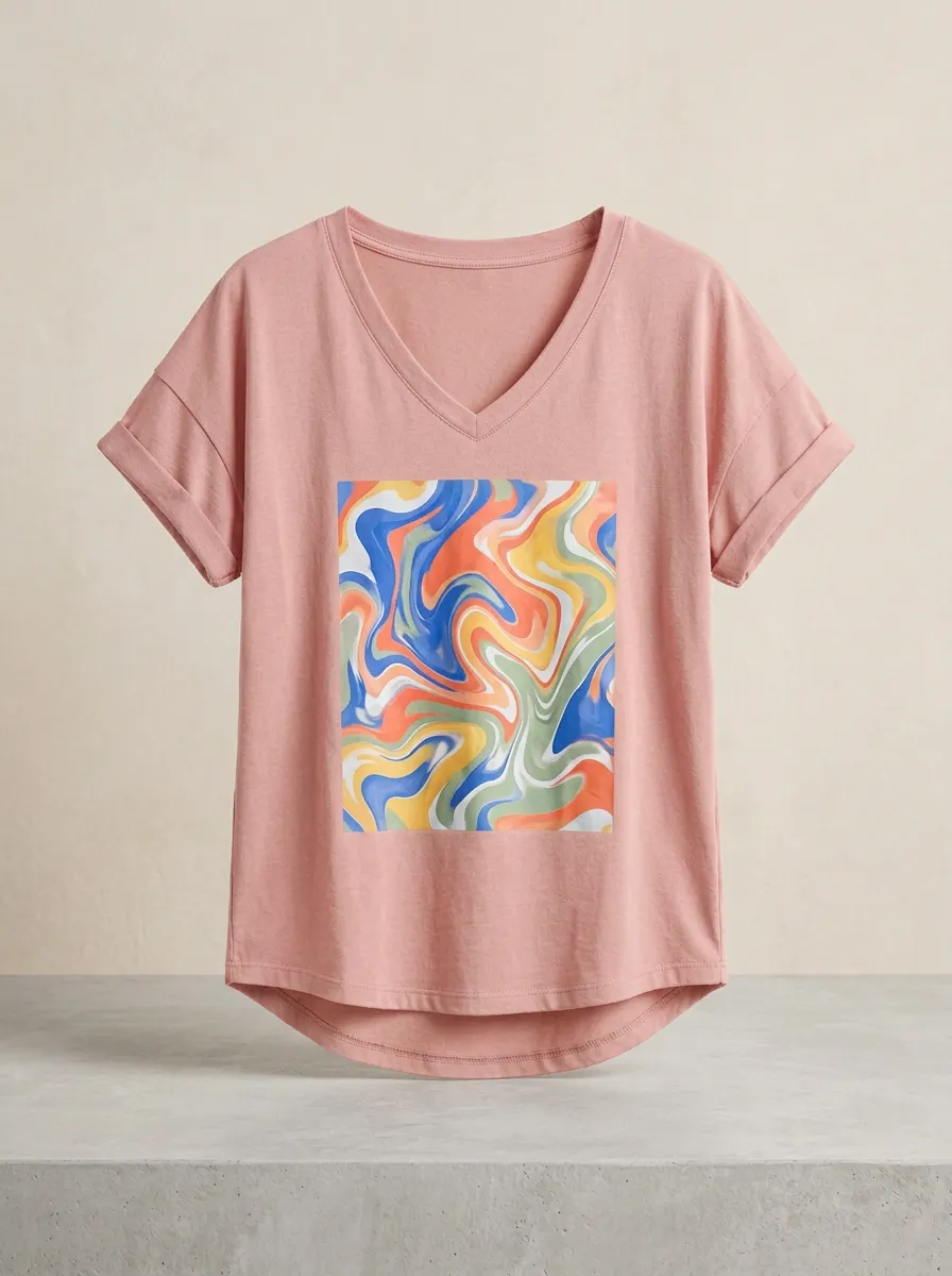 Women's Abstract Art Colorful Swirl Printed V-Neck T-Shirt Everyday Design
