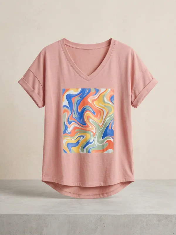 Women's Abstract Art Colorful Swirl Printed V-Neck T-Shirt Everyday Design