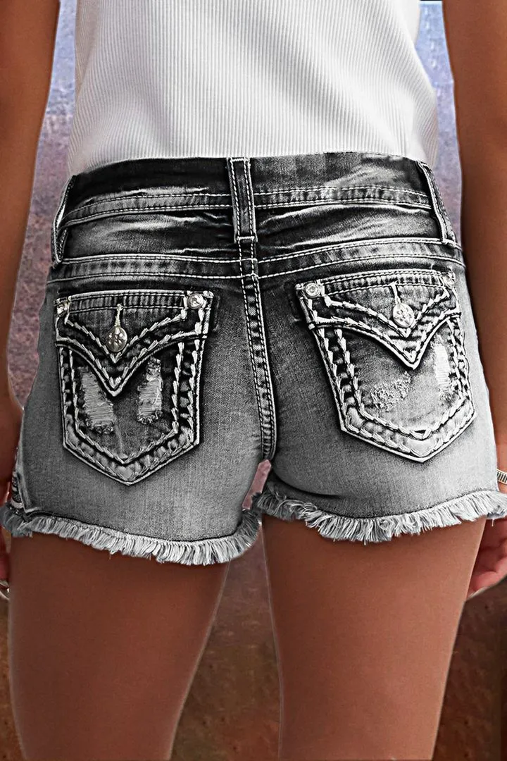 Embroidered Ripped Raw Hem Denim Shorts