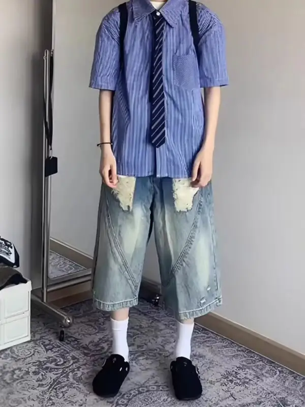Men's Ripped Wide Leg Denim Shorts