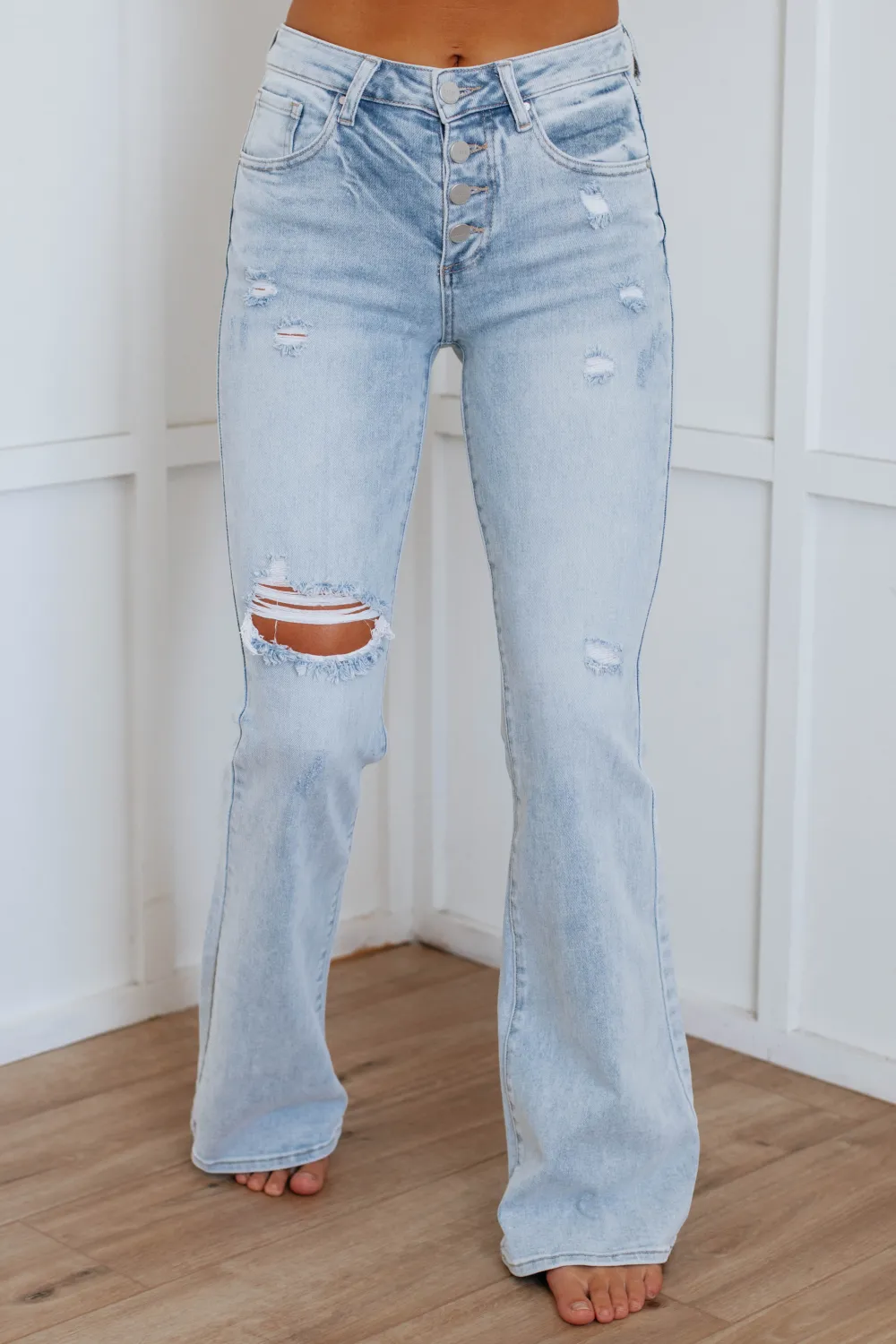 Women's Mid Rise Flared Leg Distressed Jeans
