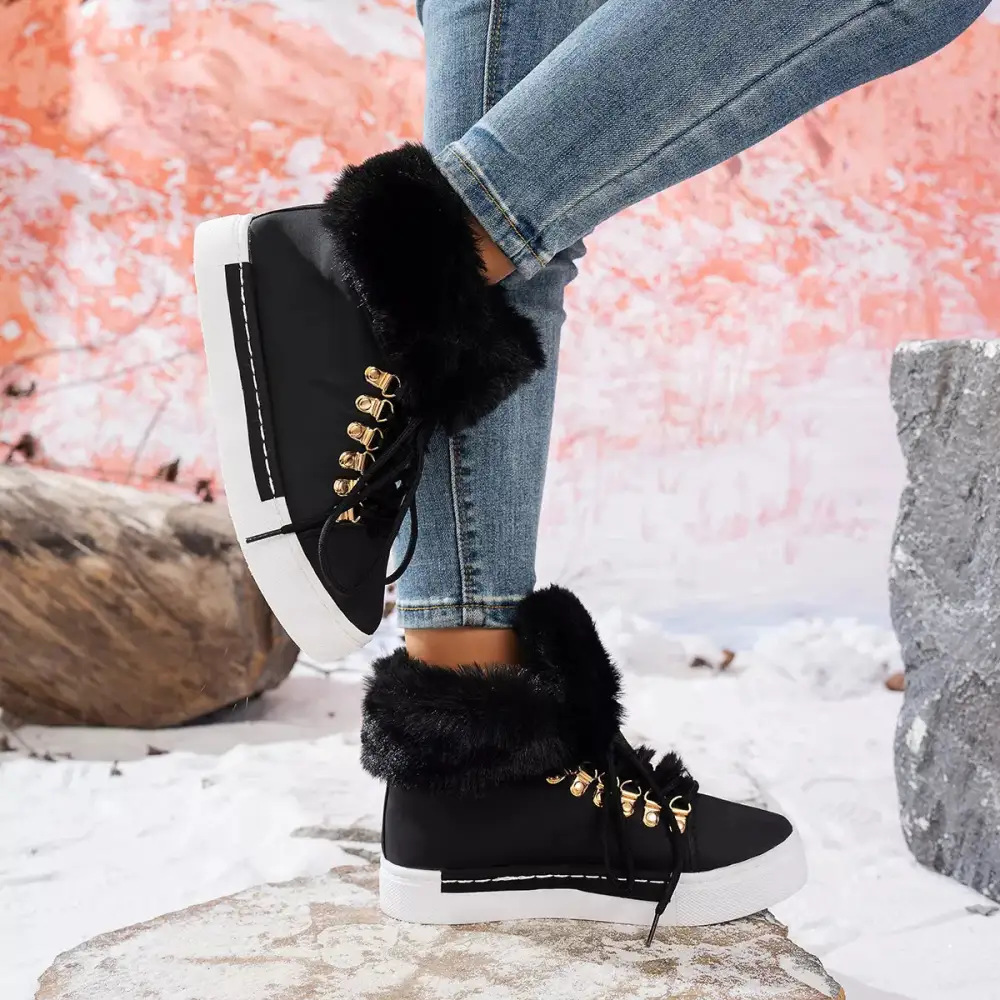 Refined Fuzzy Trim Lace-Up Ankle Boots