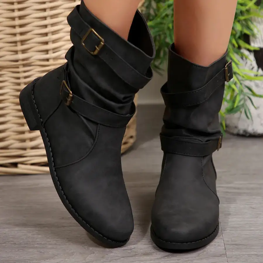 Mid Calf Buckle Strap Boots