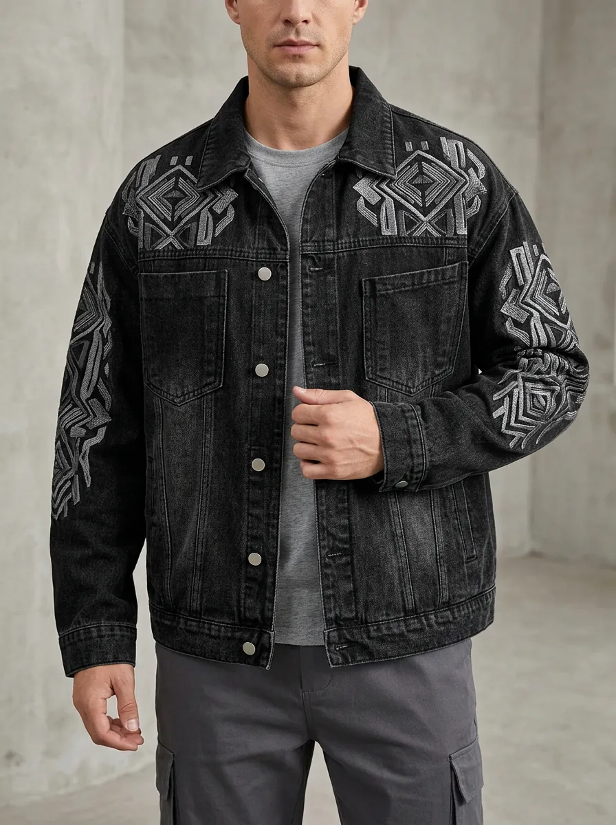 Men's Folk Style Tribal Geometric Denim Jacket
