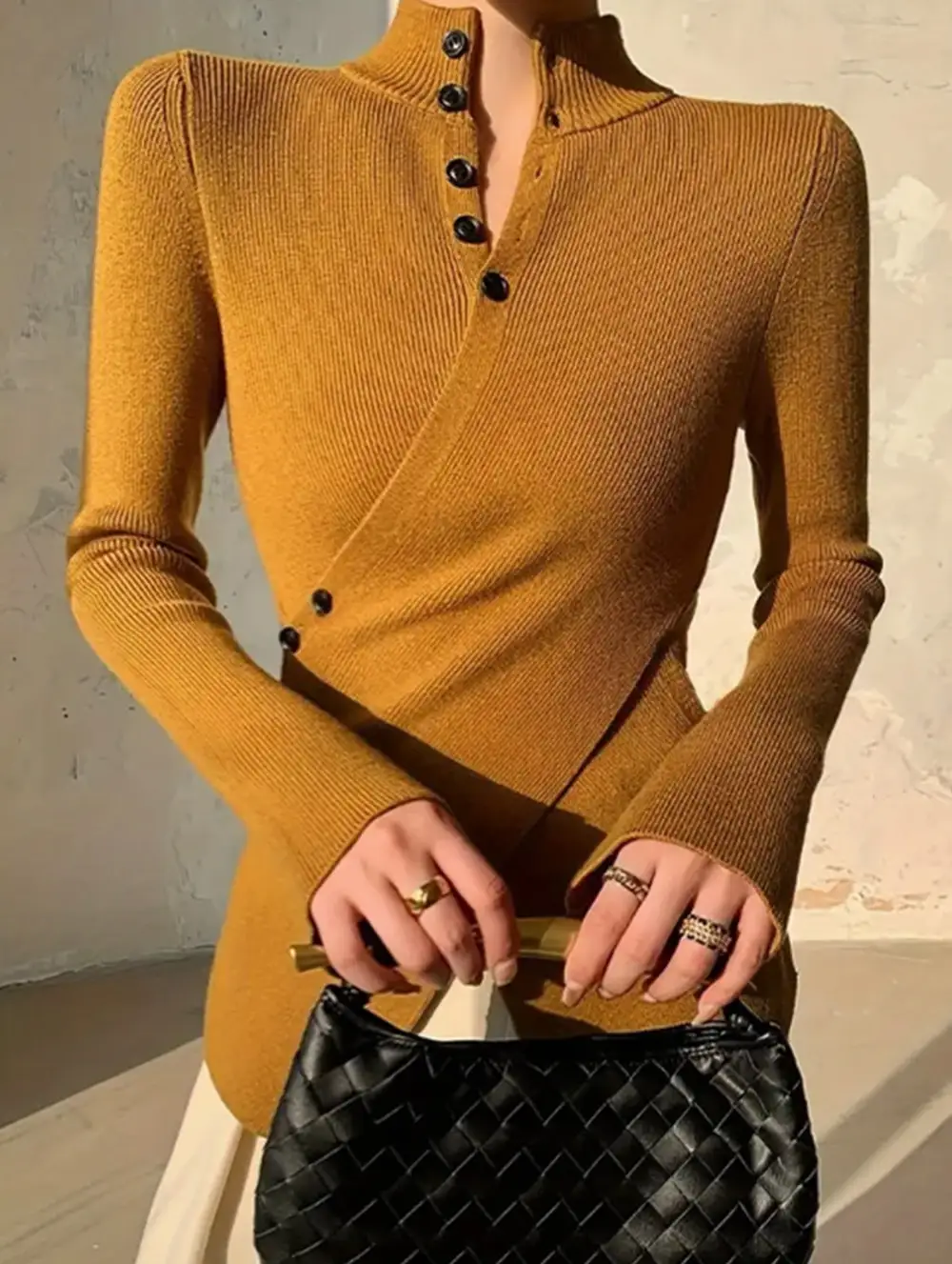 Asymmetric High Neck Knit Top Long Sleeve Tee