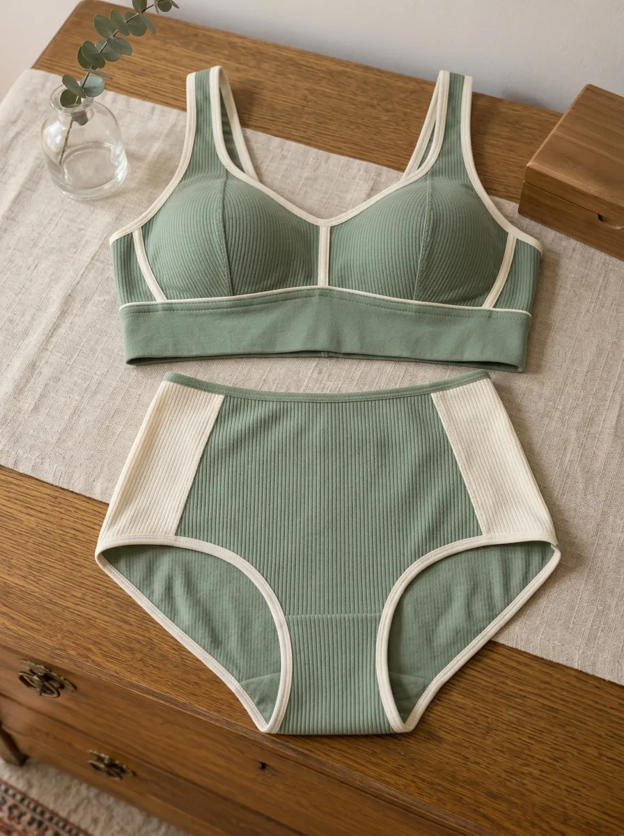 Women's Ribbed Contrast Trim Ribbed High Rise Lingerie Set