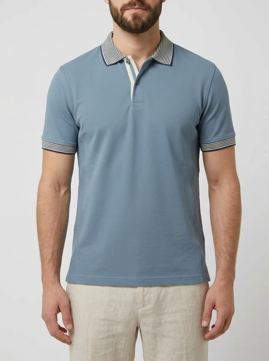 Men's Casual Blue Contrast Patterned Collar Printed Polo Shirt