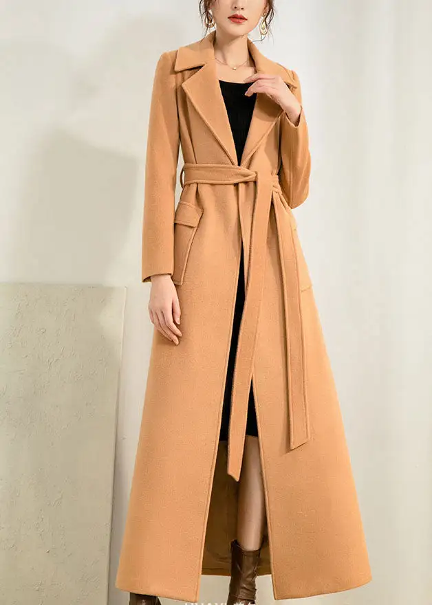 Wool Blend Fit and Flare Belted Lapel Collar Pocketed Long Coat