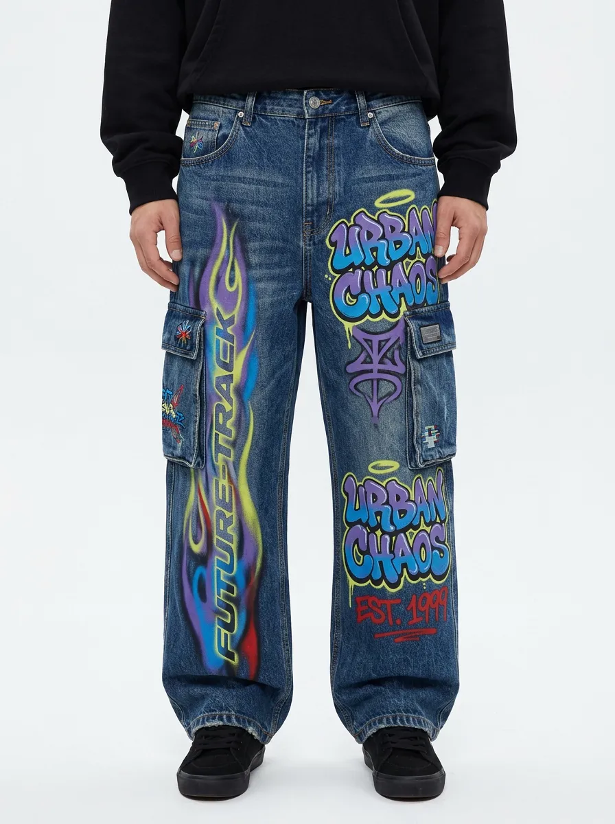 Men's Streetwear Urban Chaos Flame Graffiti Graphic Cargo Jeans