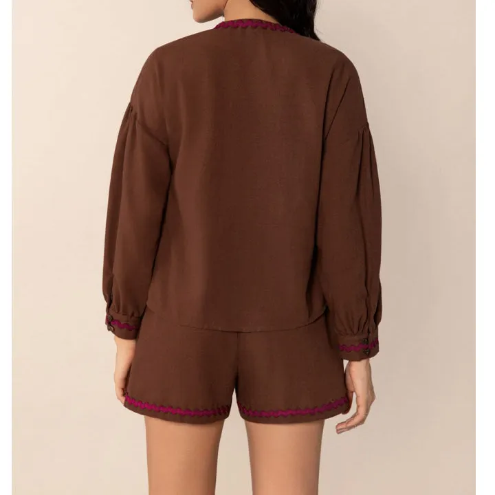 Tied V Neck Long Sleeve Top and Shorts Set