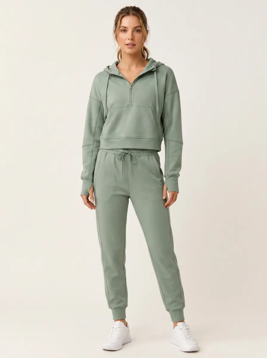 Women's Sage Green Quarter-Zip Hoodie Jogger Lounge Set