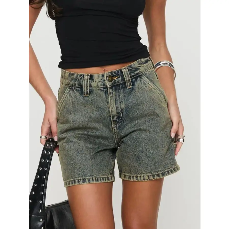High Rise Pocketed Washed Denim Shorts