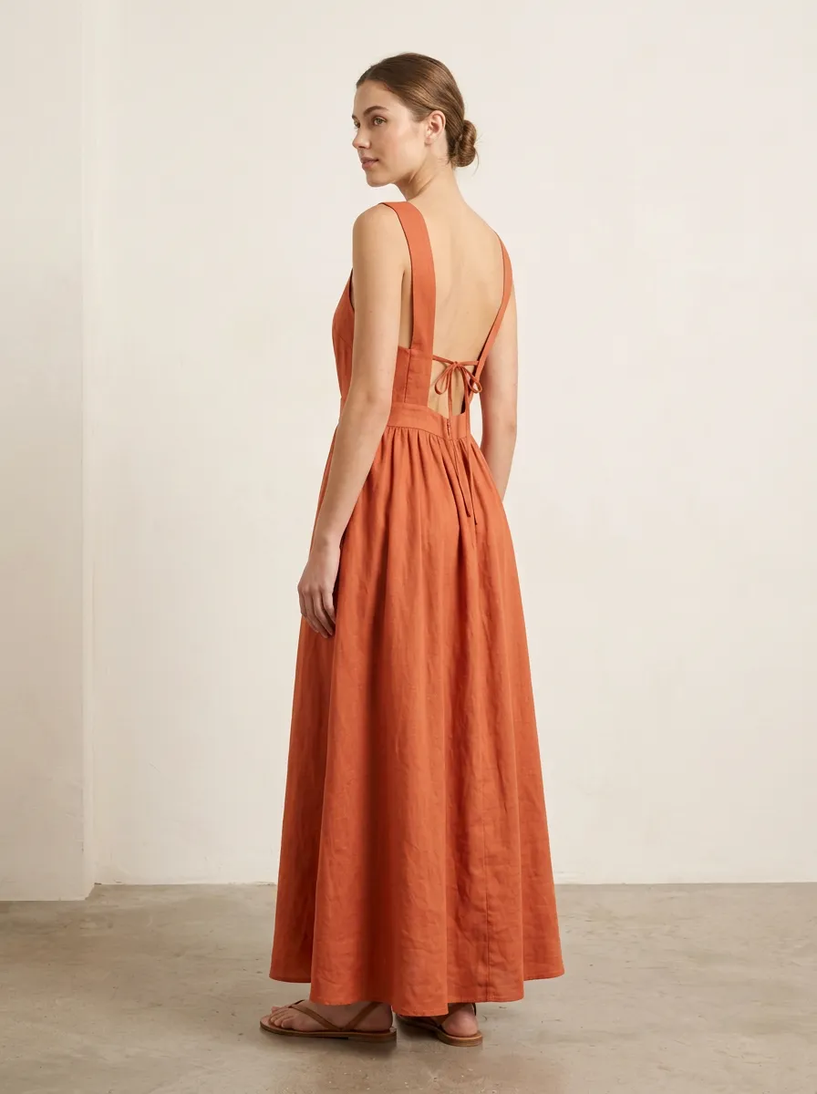 Women's Casual Linen Maxi Backless Dress