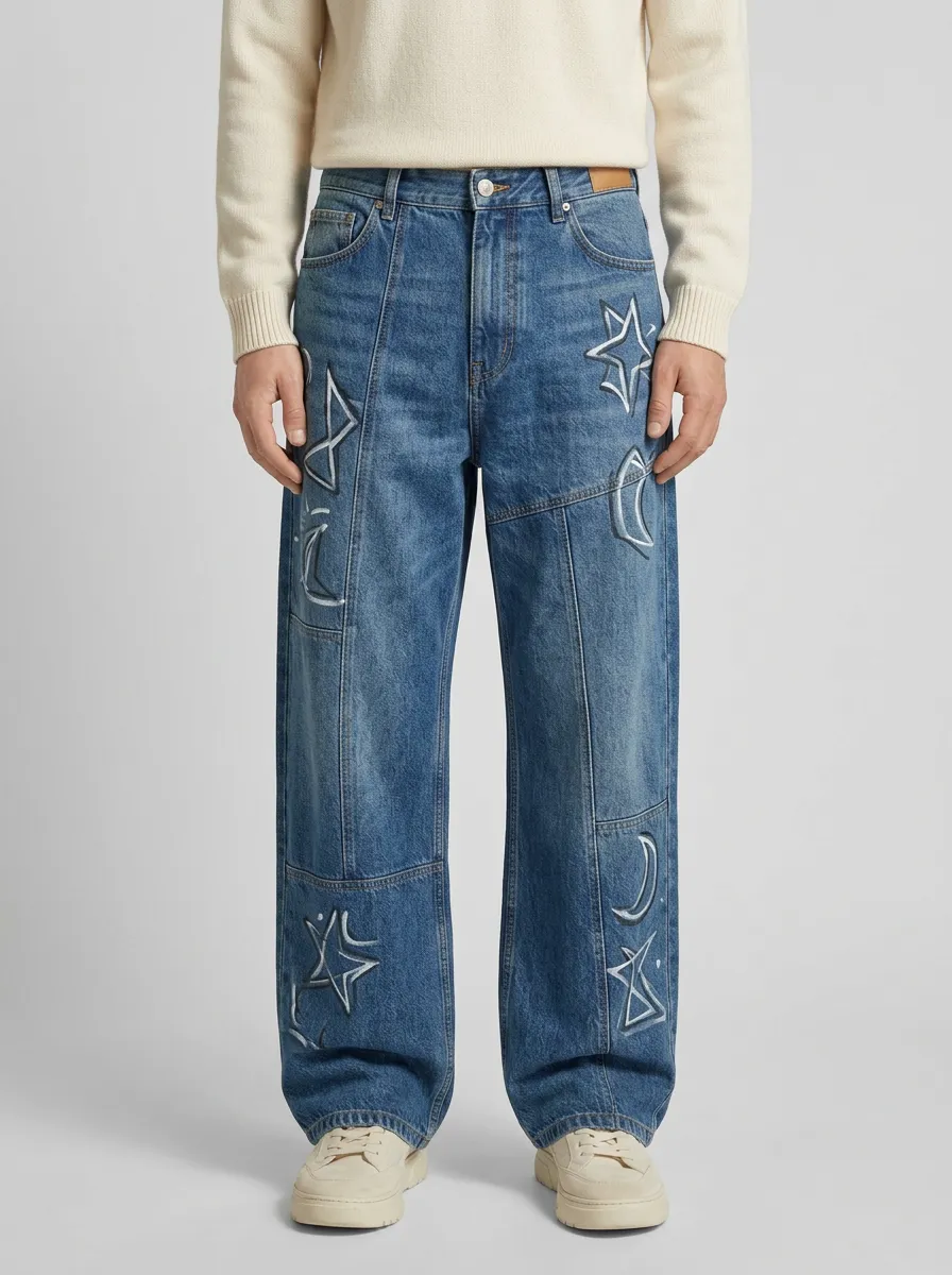 Men's Celestial Star Moon Printed Wide Leg Jeans
