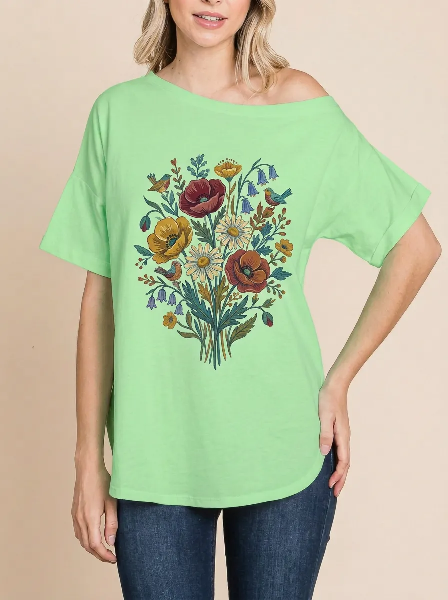 Women's Nature-Inspired Wildflower Bird Bouquet Printed T-Shirt