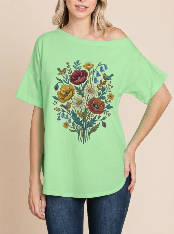 Women's Nature-Inspired Wildflower Bird Bouquet Printed T-Shirt