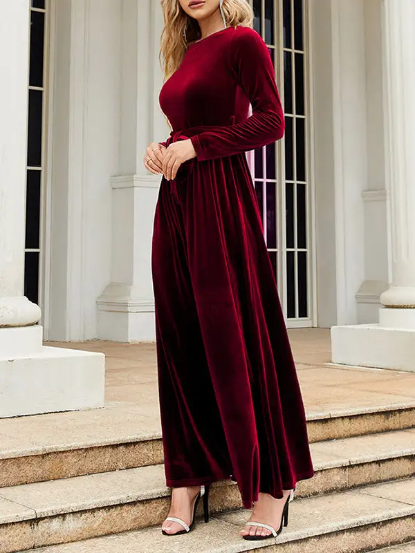 Pleated Wrap Belted Long Neck Maxi Dress