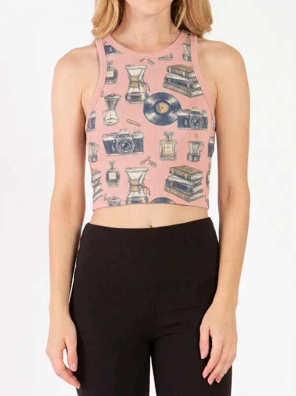 Women's Vintage Hobby Lover Camera Book Vinyl Graphic Ribbed Crop Tank Top