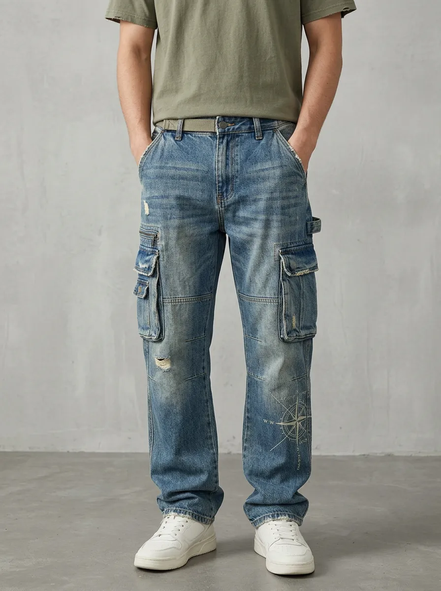 Men's Vintage Compass Printed Distressed Denim Cargo Jeans