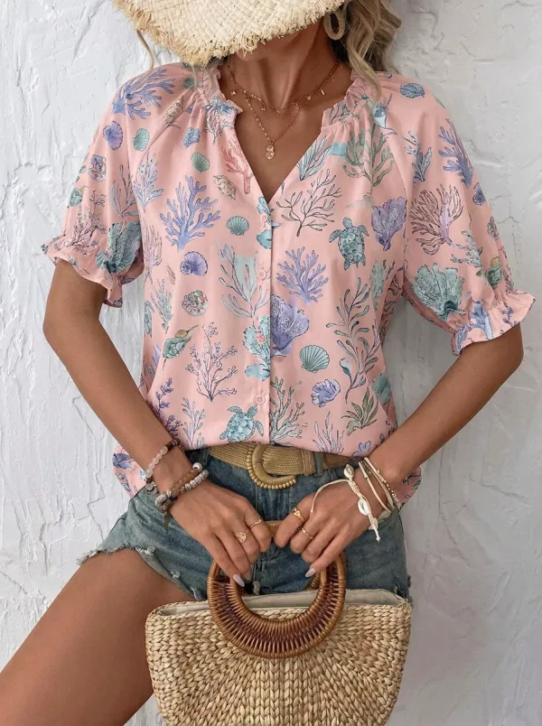 Women's Beach Vacation Sea Turtle Coral Printed Blouse