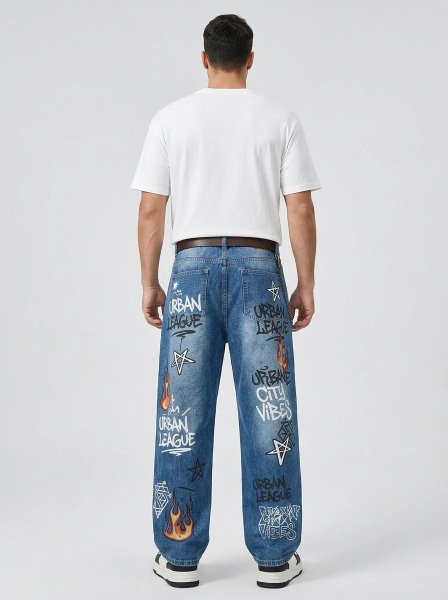 Unisex Streetwear Star Flame Jeans