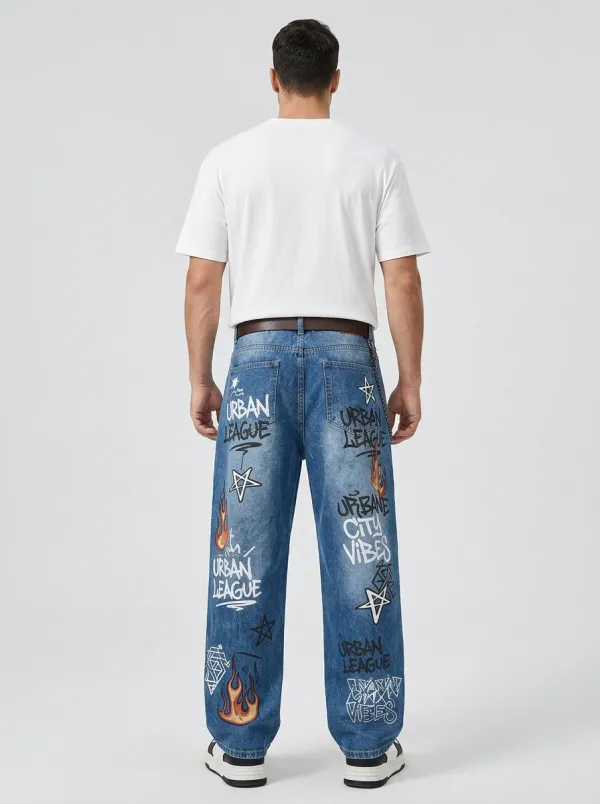 Unisex Streetwear Star Flame Jeans