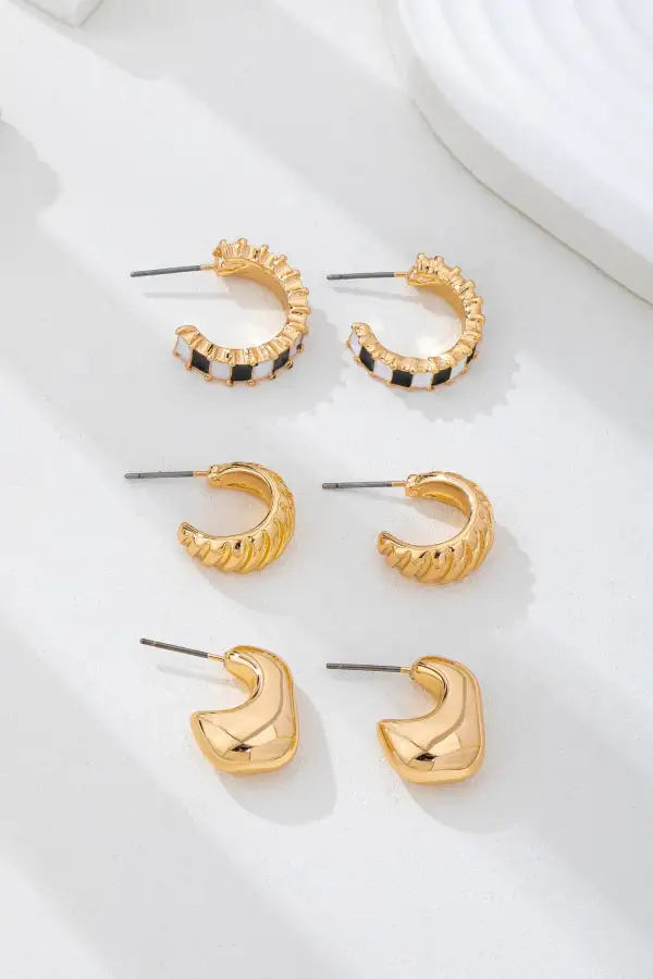 Checker Textured Huggie Hoop Trio