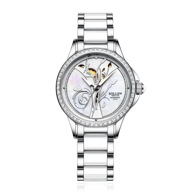 Sollen SL415 Women's Floral Skeleton Automatic Watch - 32.5mm Crystal Bezel Mother of Pearl Dial Ceramic Stainless Steel Bracelet Wristwatch