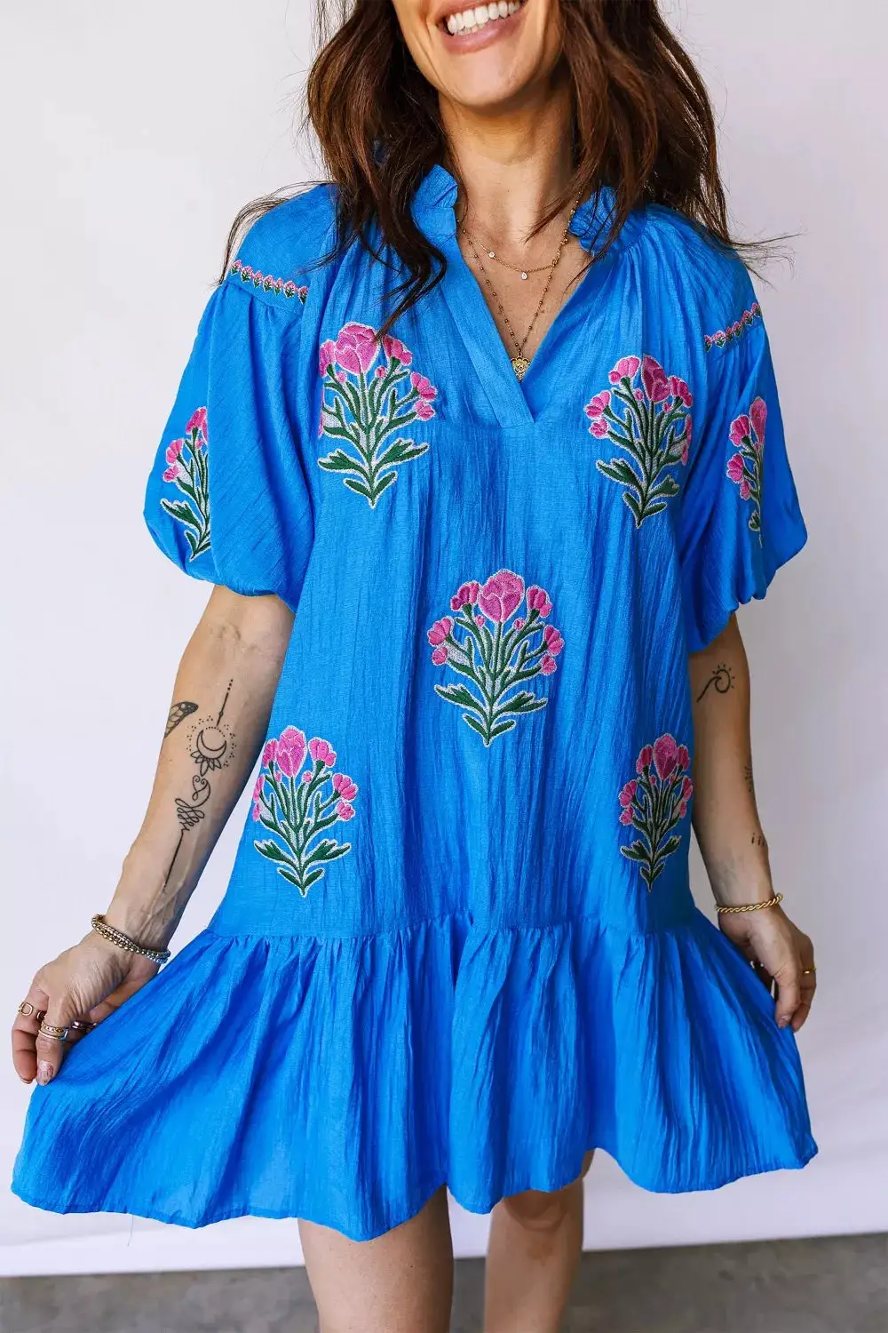 Floral Embroidered Split Neck Dress Casual