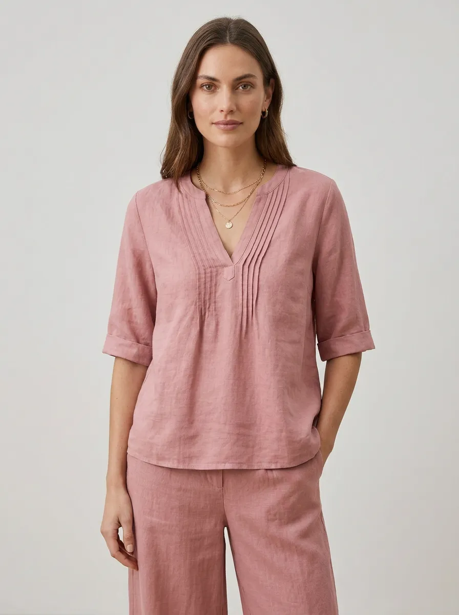 Refined Short-Sleeve Pleated Women's V-Neck Shirt