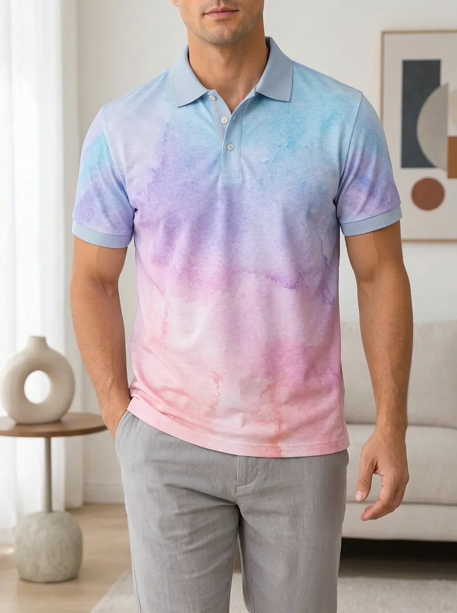 Men's Watercolor Gradient Pastel Printed Polo Shirt