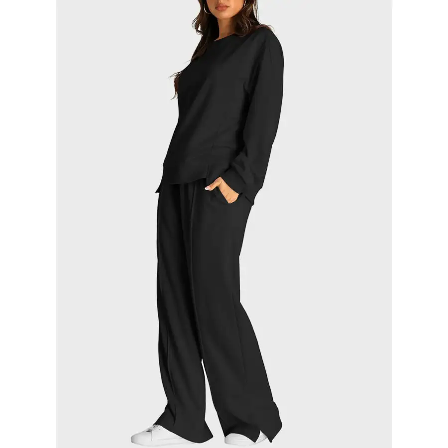 Round Neck Long Sleeve Top and Slit Pants Set
