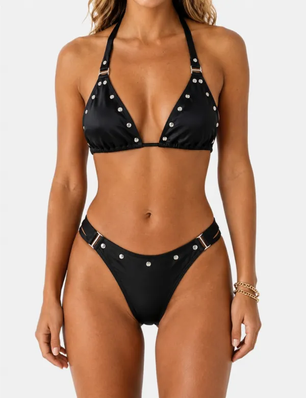 Studded Halter Triangle Piece Bikini Set