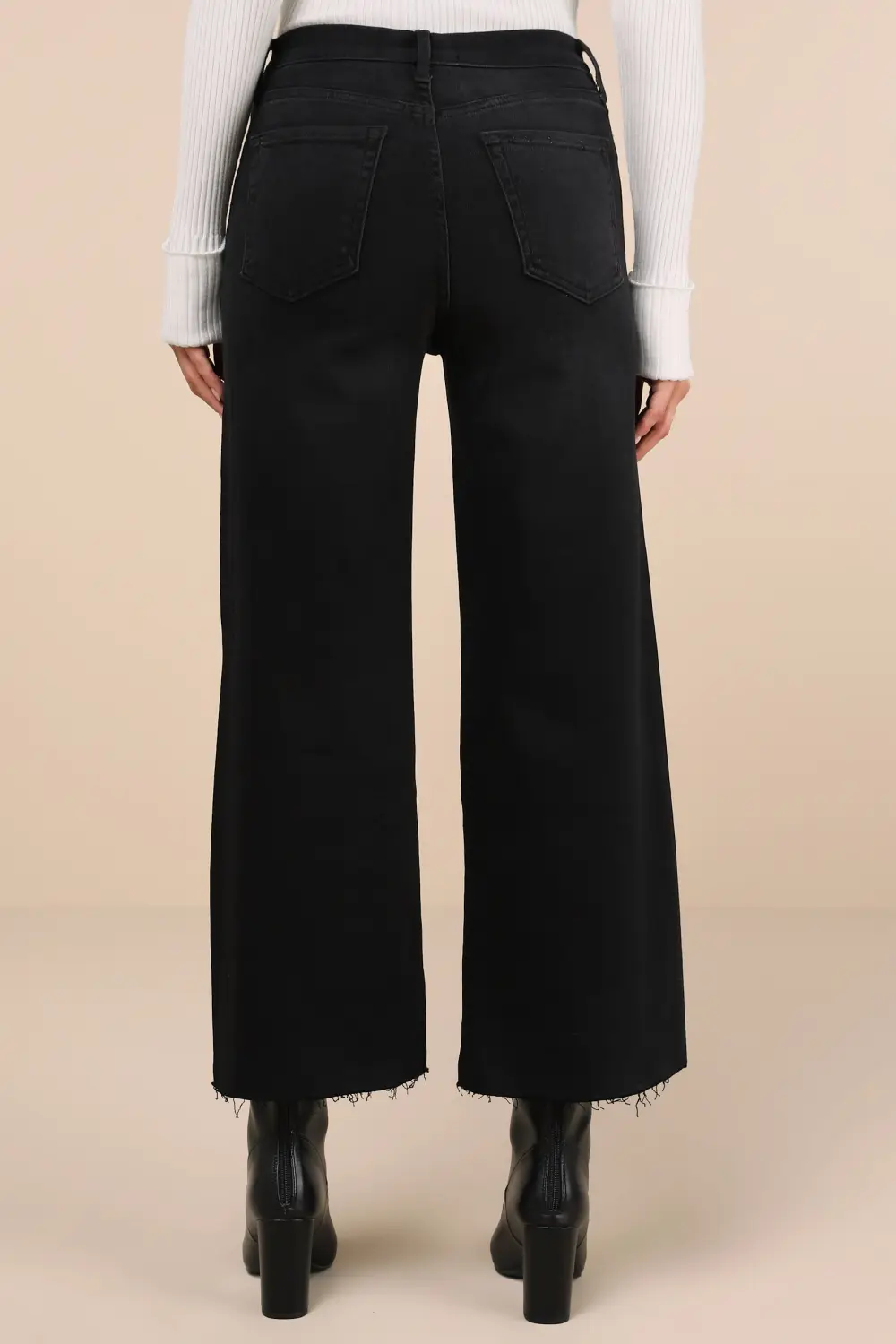 Casual Style Cream Wide-Leg Raw Hem Jeans