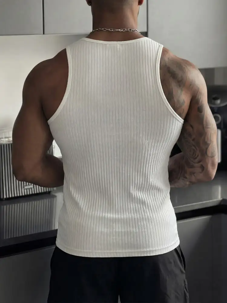Casual Sporty Vertical Ribbed Henley Tank Top