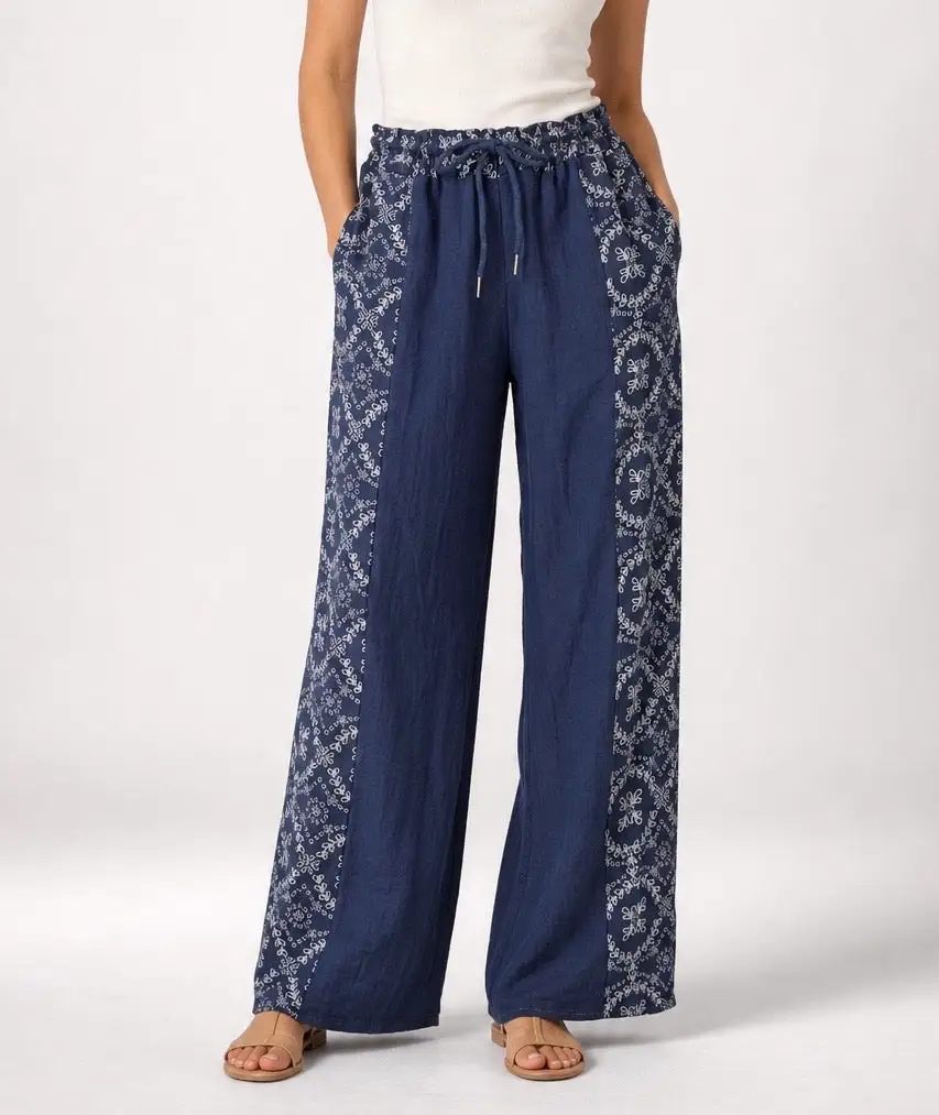 Wide Leg Print Linen Trousers