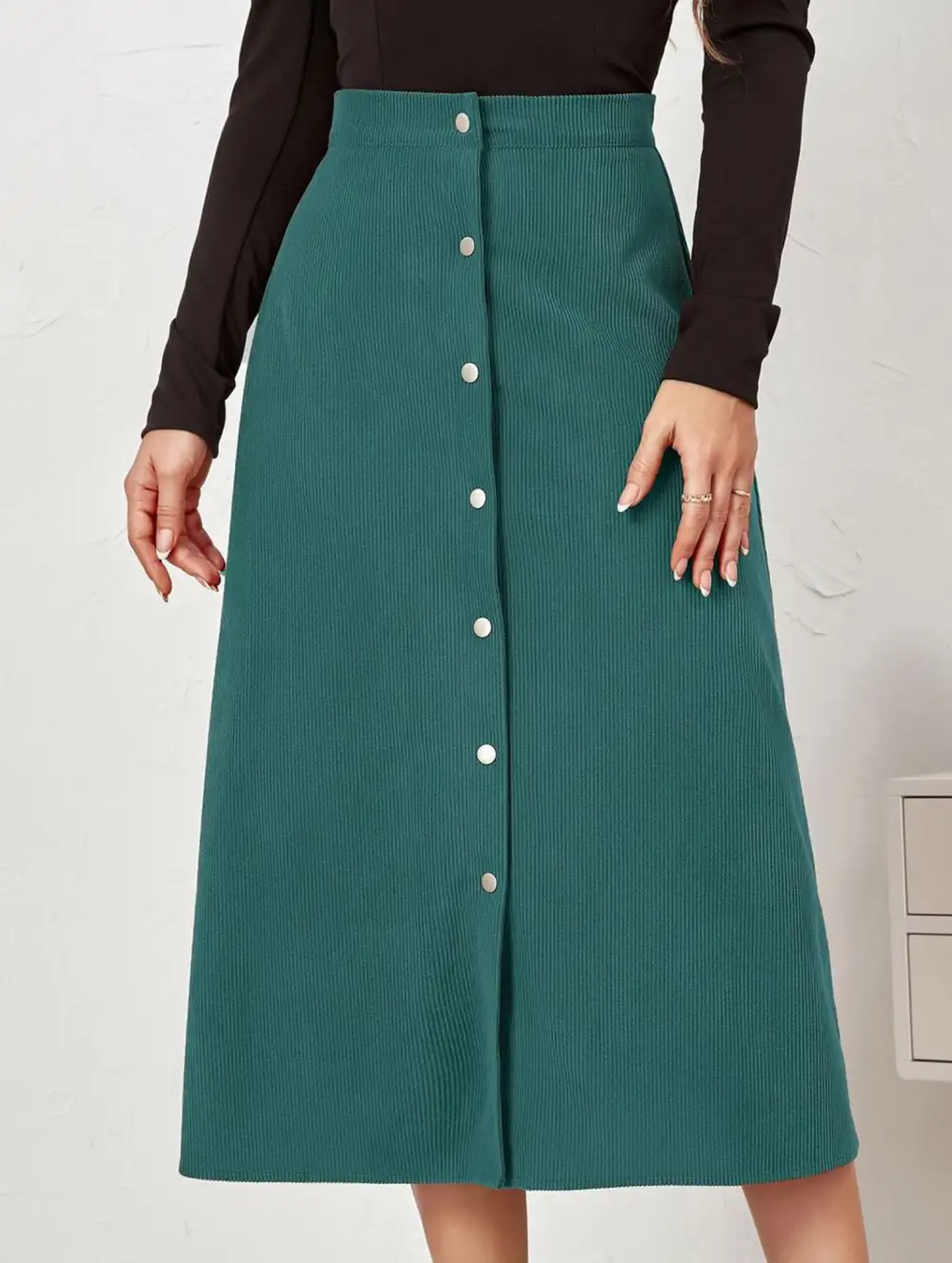 Corduroy Button Front Midi Skirt