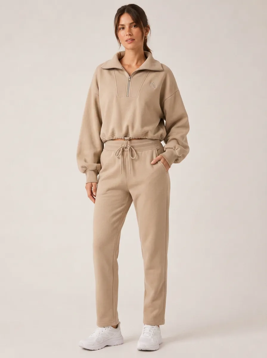 Women's Casual Beige Quarter-Zip Cropped Sweatshirt Jogger Set