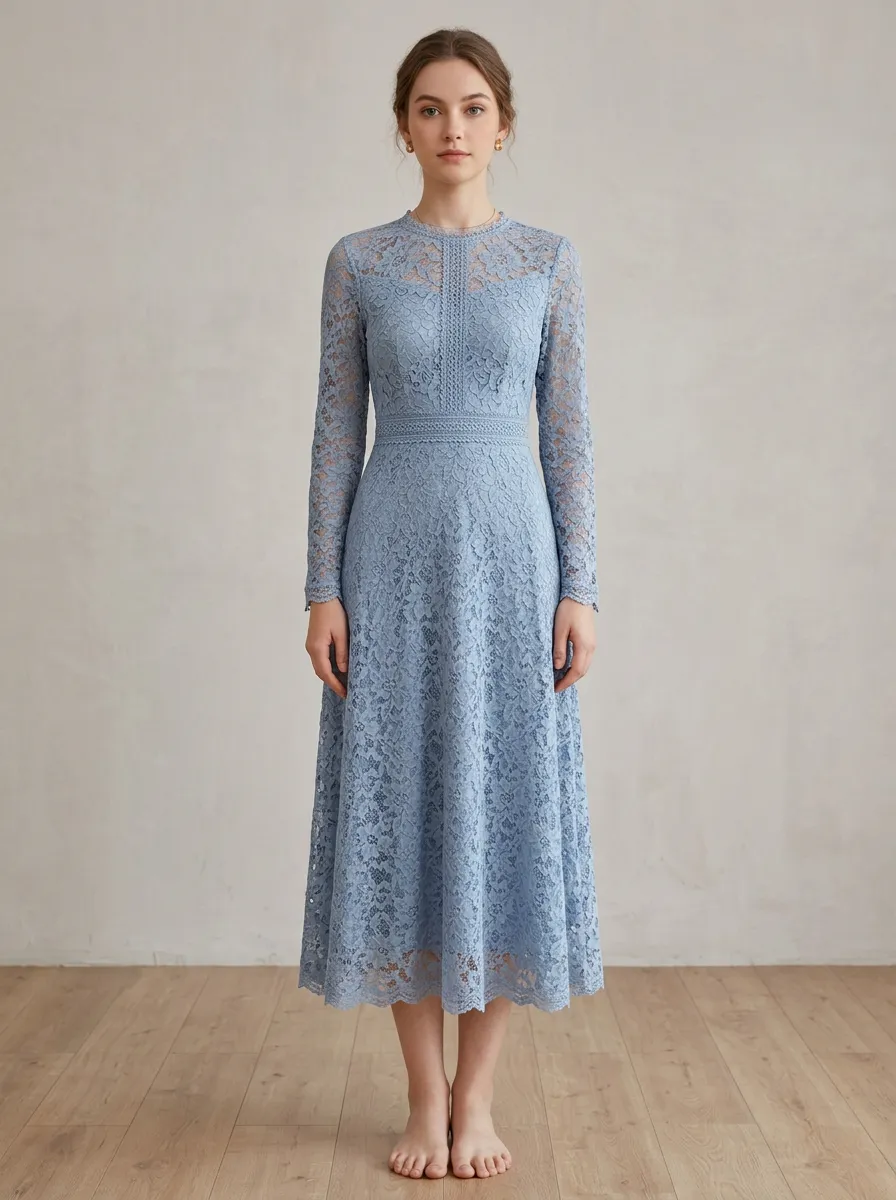 Women's Elegant Wedding Guest Blue Floral Lace Long Sleeve Midi Dress