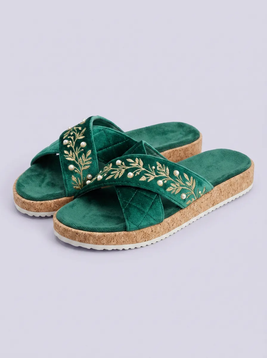 Women's Floral Embroidery Pearl Embellished Green Velvet Cork Sandals