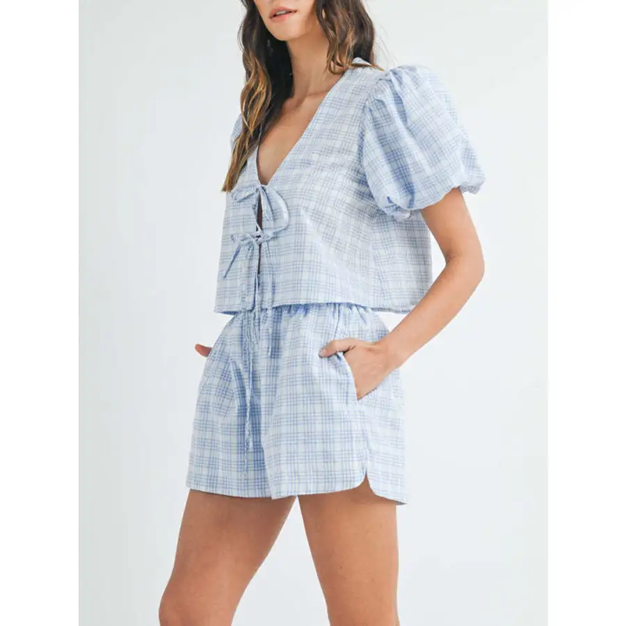 V Neck Puff Sleeve Top and Shorts Set