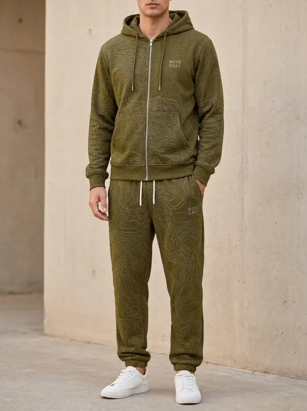Men's Topographic Pattern Printed Zip-Up Hoodie Jogger Set