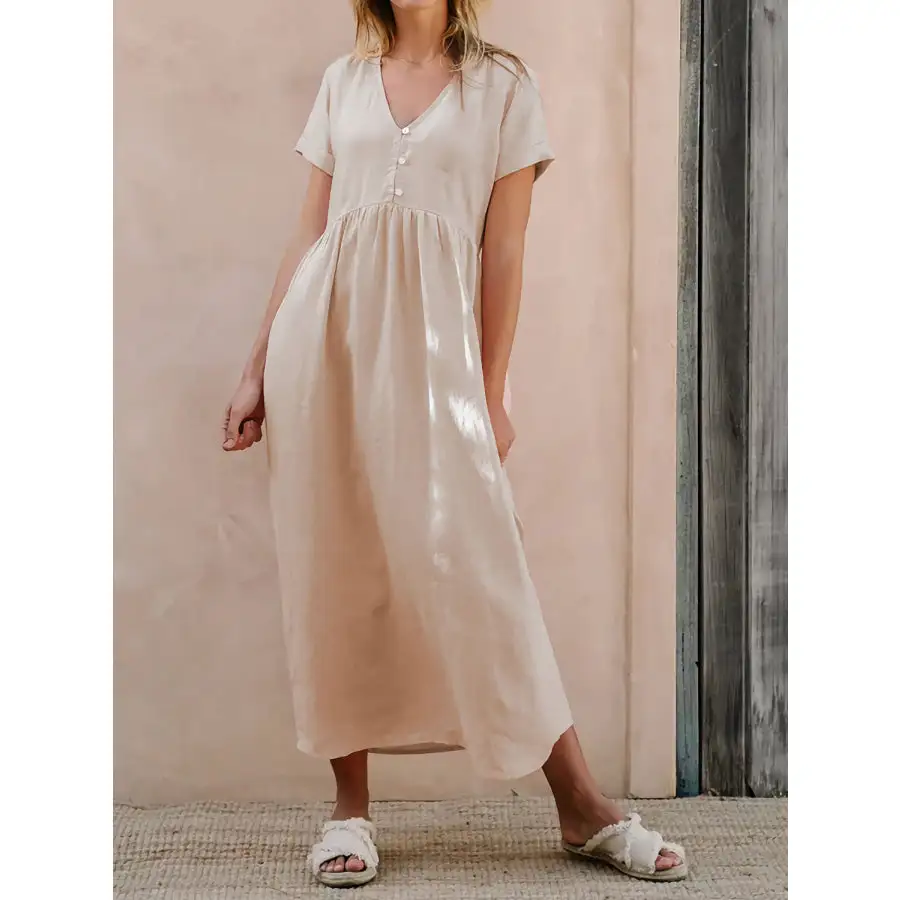 Sleeve V-Neck Short Sleeve Midi Dress