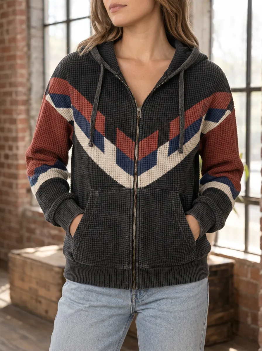 Women's Chevron Pattern Waffle Knit Zip Up Hoodie