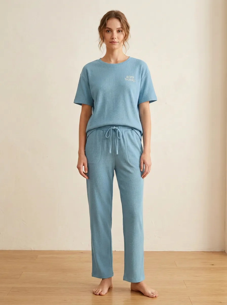 Drawstring Waist Soft Hours Waffle Knit Printed Lounge Set