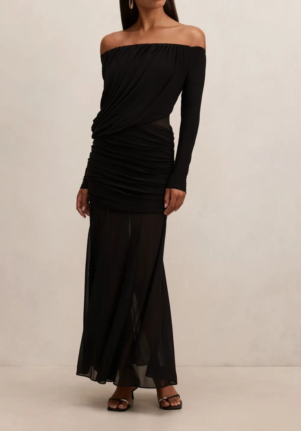 Black Off-the-Shoulder Draped Mesh Maxi Dress