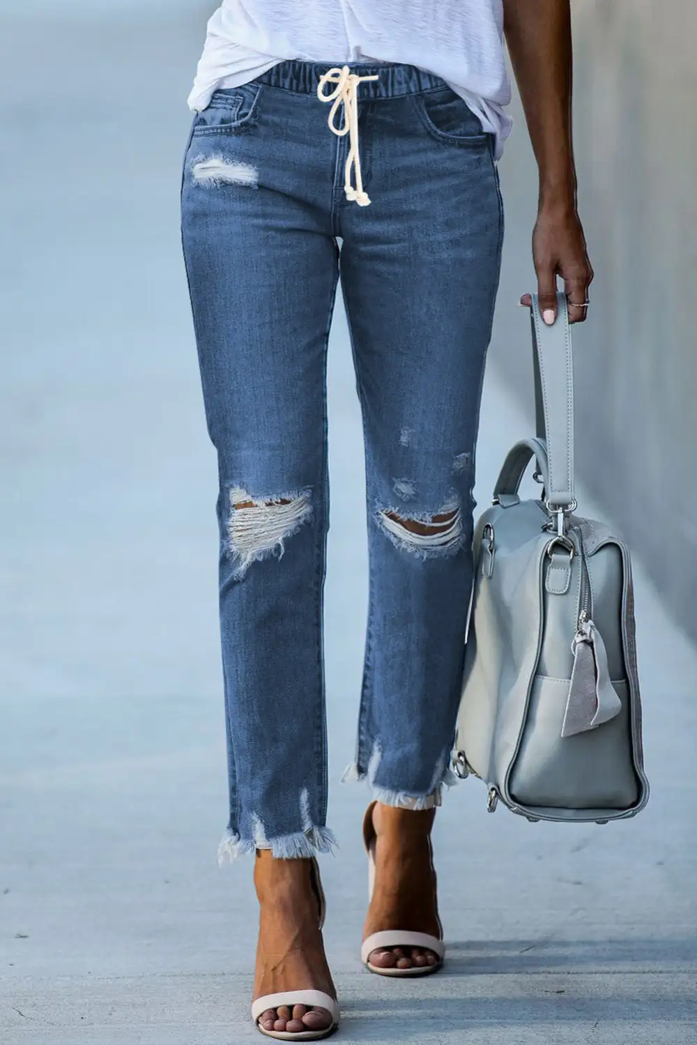 Mid-Rise Raw-Hem Ripped Elastic-Waist Straight Leg Jeans