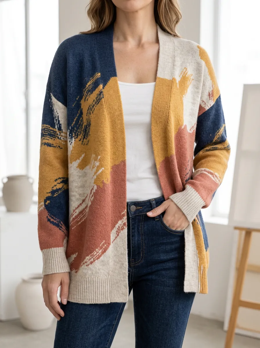 Women's Abstract Art Pattern Colorblock Printed Dropped Shoulder Casual Layering Cardigan