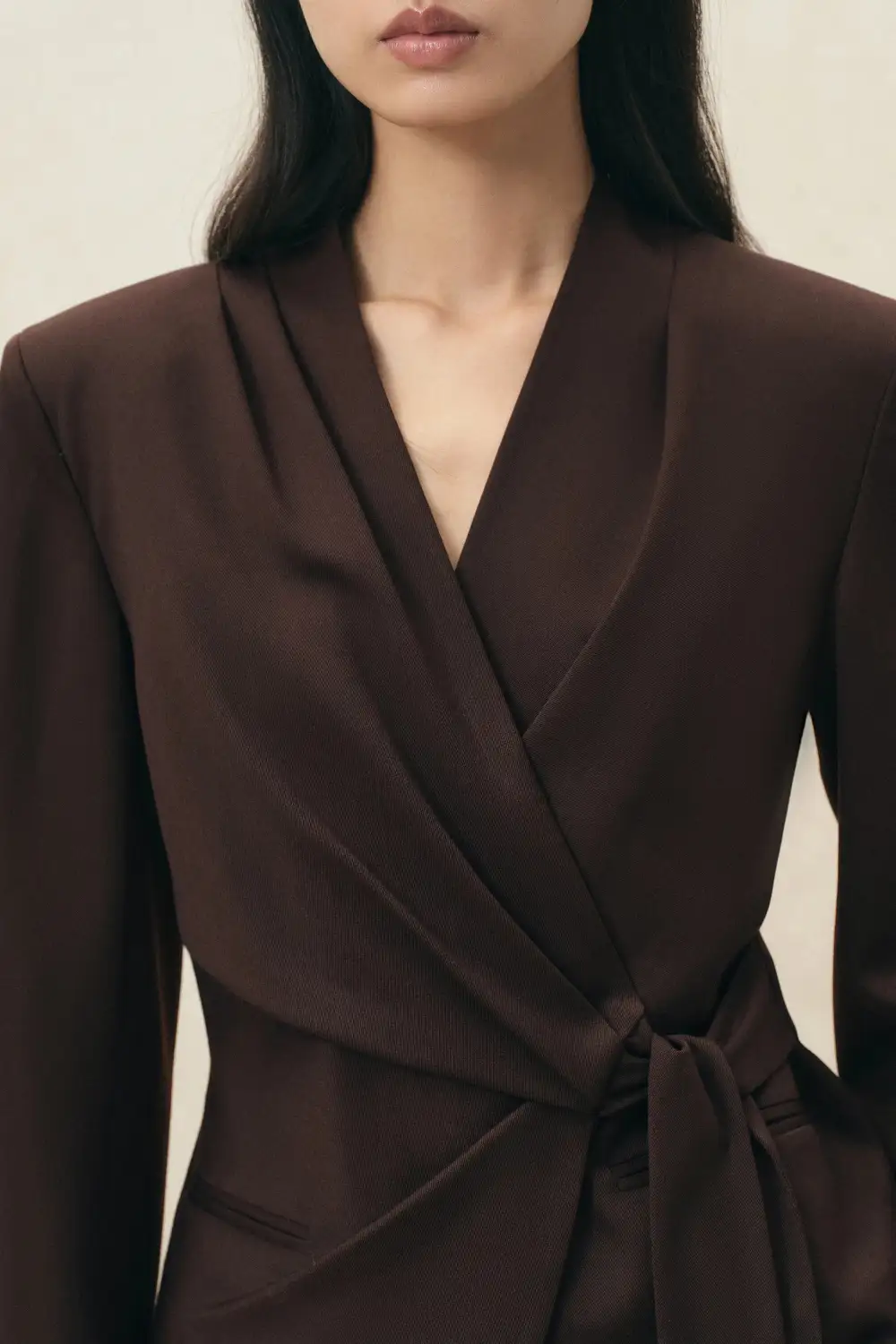Ruched Wrap Front Wool Blazer